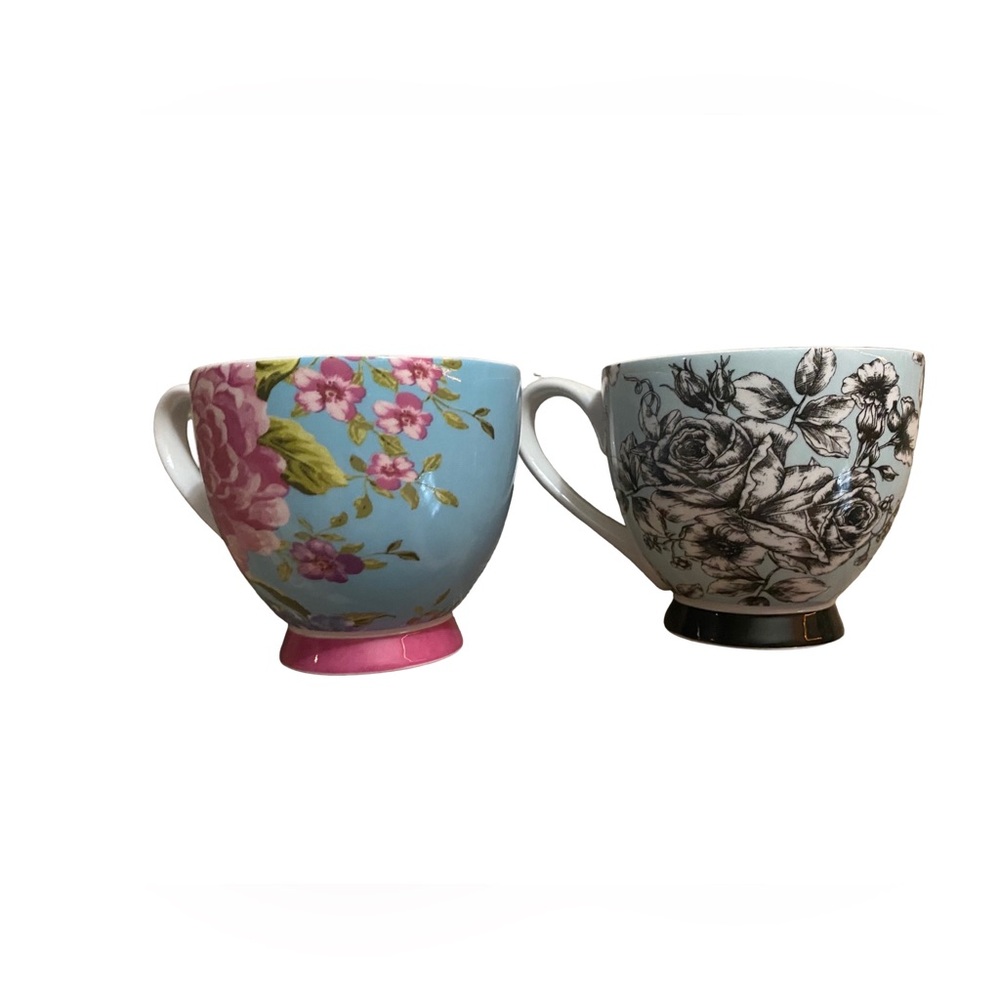 Portobello By Inspire Bone China Footed Mugs, Floral Design, Set Of Two